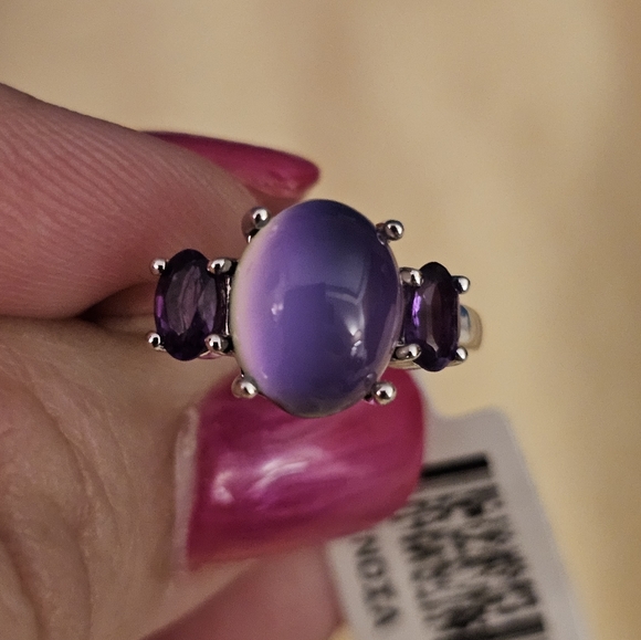 Sz 6, Oval Violet Aurora Moonstone, Amethyst side stones,925 Silver, Rhodium,NWT - Picture 10 of 15